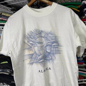 90s vintage Alaska dolphin mosaic art t shirt white M